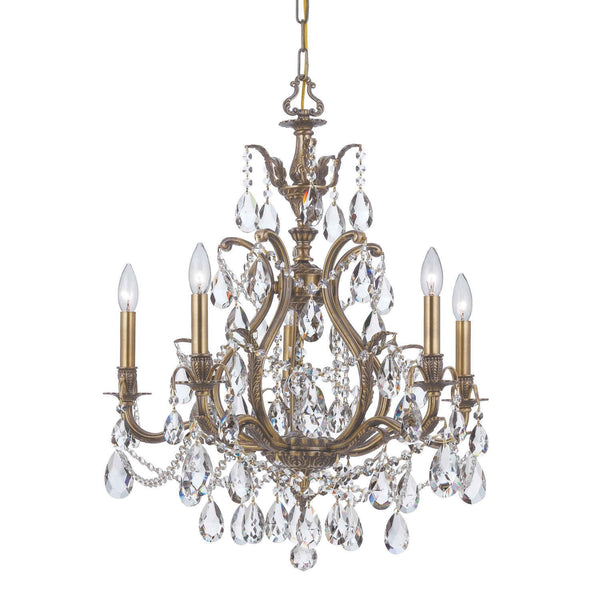 Antique Brass Five-Light Clear Hand Cut Chandelier