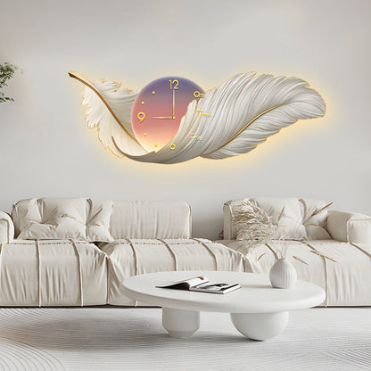 2-In-1 Wall Feather Painting Hanging Decor LED Wall Lamp Wall Clock