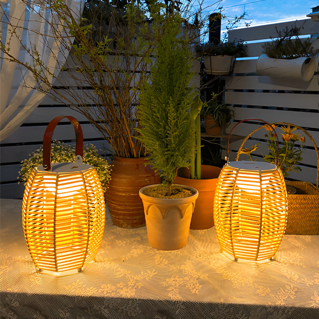 Portable Rattan Lantern Waterproof LED Modern Solar Outdoor Light Floor Lamp