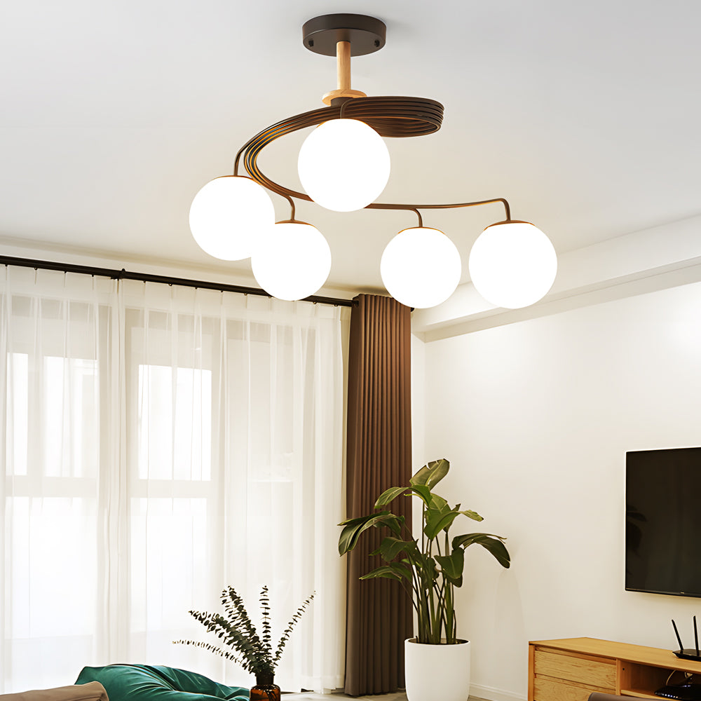 5-Light Glass Ball Spiral Metallic Semi-Flush Mount Ceiling Light