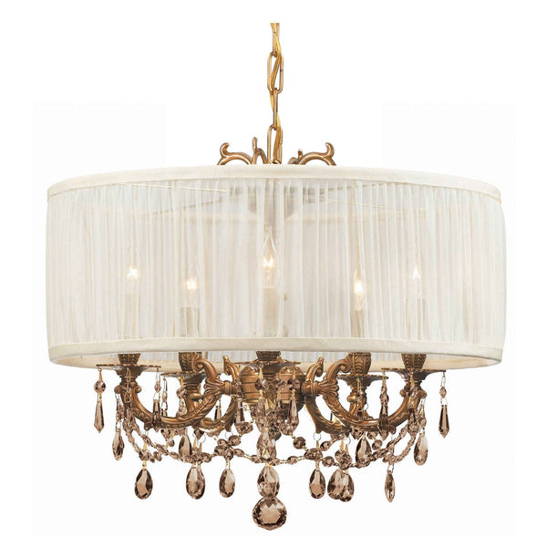 Aged Brass Five-Light Chandelier with Golden Teak