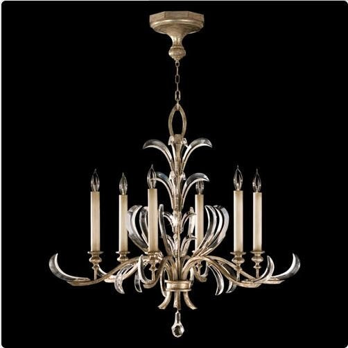 Six-Light Chandelier in Warm Muted Silver Leaf Finish with Beveled Crystal Accents