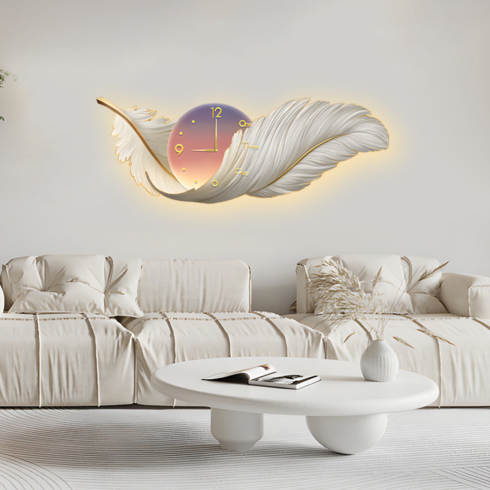 2-In-1 Wall Feather Painting Hanging Decor LED Wall Lamp Wall Clock