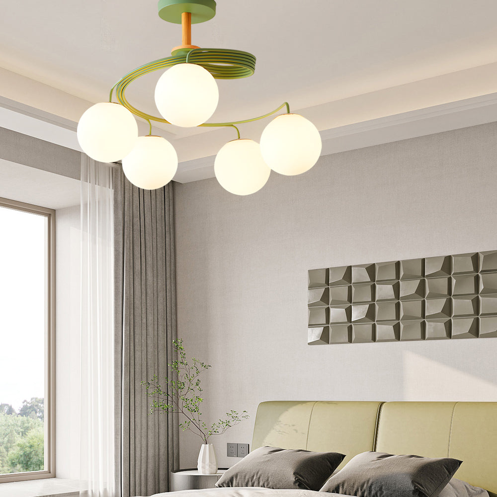 5-Light Glass Ball Spiral Metallic Semi-Flush Mount Ceiling Light