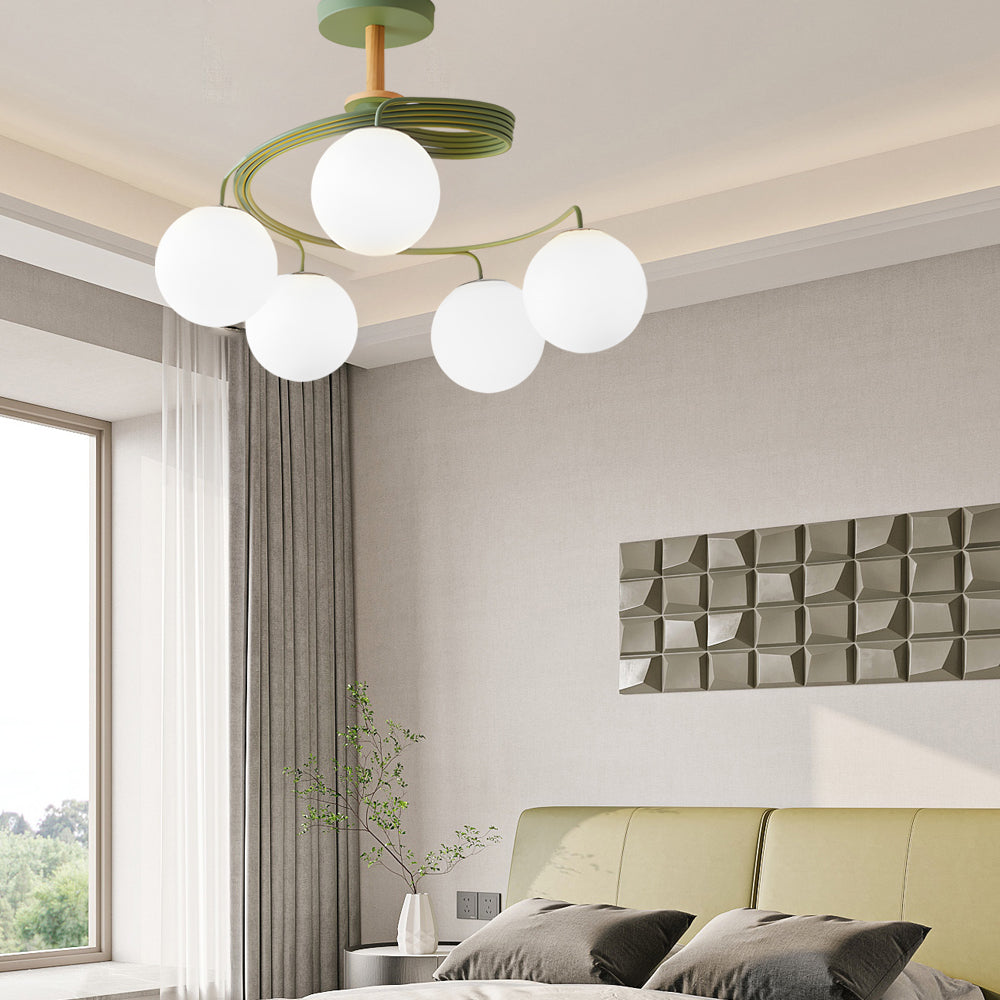 5-Light Glass Ball Spiral Metallic Semi-Flush Mount Ceiling Light