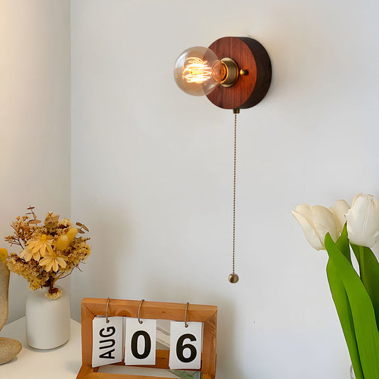 Round/Square Vintage Walnut Wood Wall Lamp 1-light with Pull Chain Switch