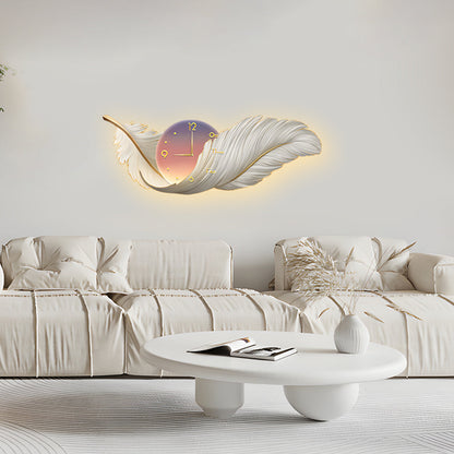 2-In-1 Wall Feather Painting Hanging Decor LED Wall Lamp Wall Clock