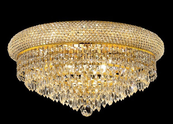 10 light gold plated crystal flush mount ceiling light with crystal drops