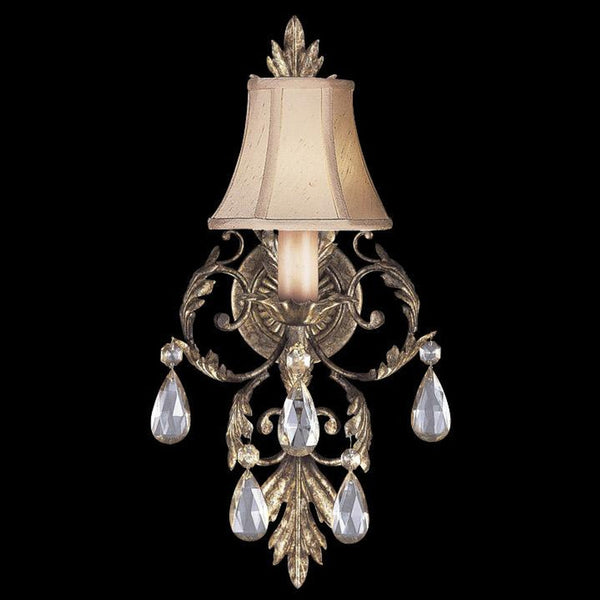 Night's Dream Wall Sconce, 1-Light, Gold, Moonlit Patina, Crystal Pendants, Silk Shantung Shade, 20"H.