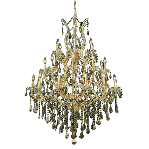 Gold Twenty-Eight Light Chandelier with Golden Teak/Smoky Royal Cut Crystals