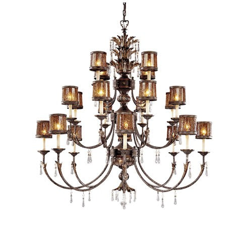 Sanguesa Patina Twenty Two-Light Three-Tier Chandelier with Art Glass Shade