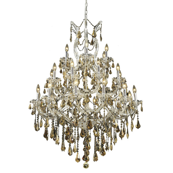 Chrome Twenty-Eight Light Chandelier with Golden Teak/Smoky Royal Cut Crystals