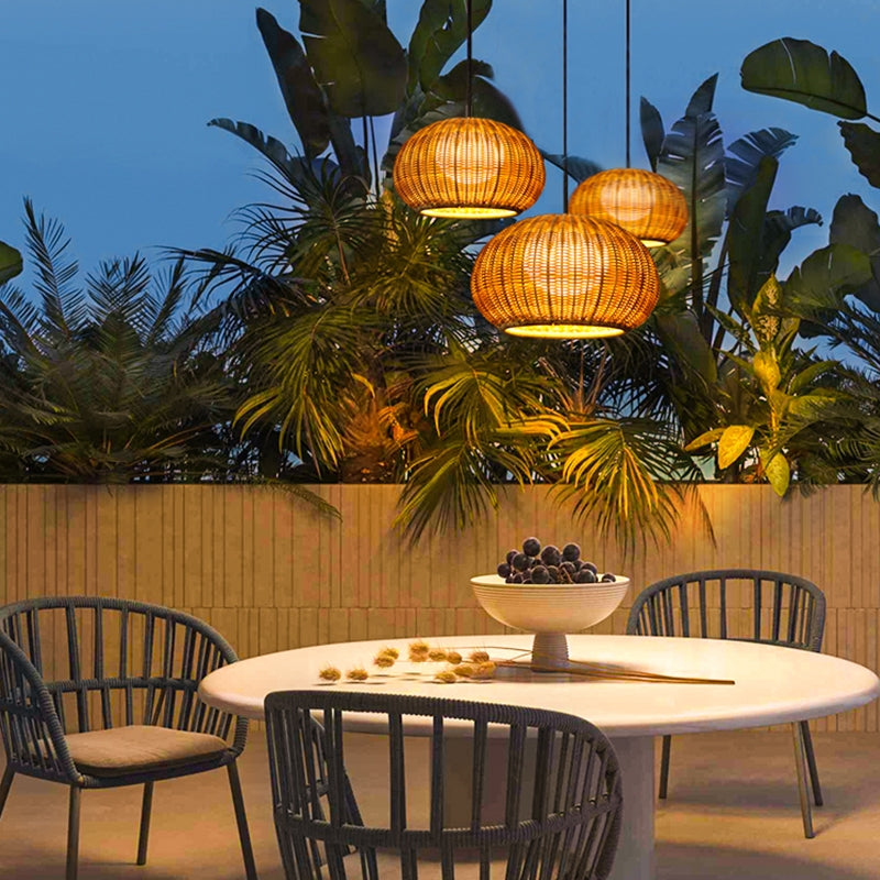 Lantern Shaped Waterproof Rattan Modern Outdoor Wall Lamp Chandelier