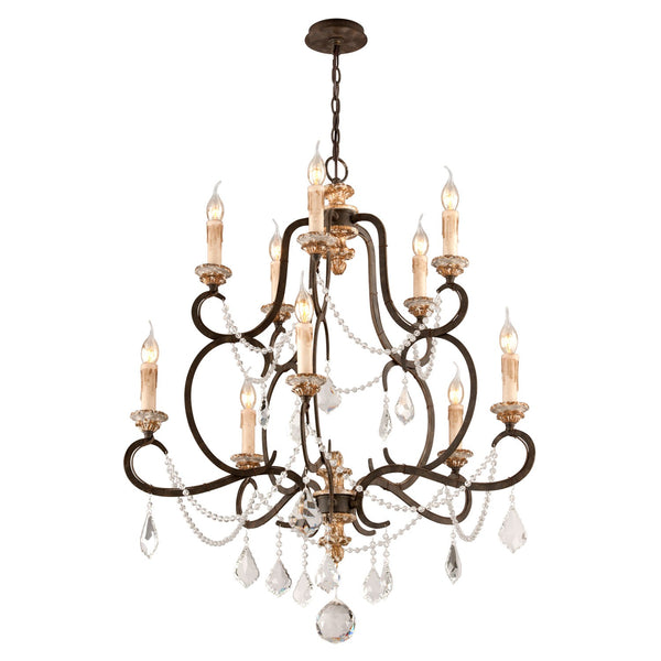 Bronze 10-Light Medium Chandelier w/ Distressed Gold Leaf Crystal