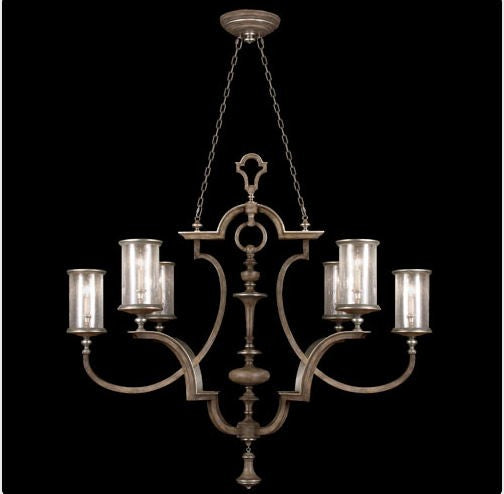 Six-Light Chandelier in Hand Painted Driftwood Finish On Metal with Silver Leafed Accents with Hand Blown Seedy Glass Shades