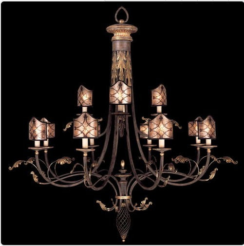 12-Light Chandelier in Rich Umber Finish and Gilded Accents with Hand Painted Mica Shades