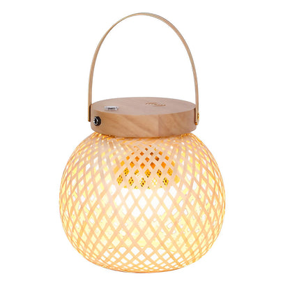 Rustic Portable Woven Bamboo Lantern Table Lamp with Handle