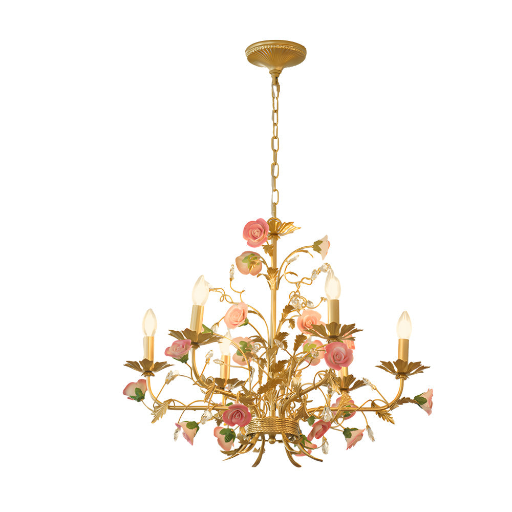 French Luxury Ceramic Pink Roses Chandeliers: 6/8-Light Candlelight Pastoral Charm