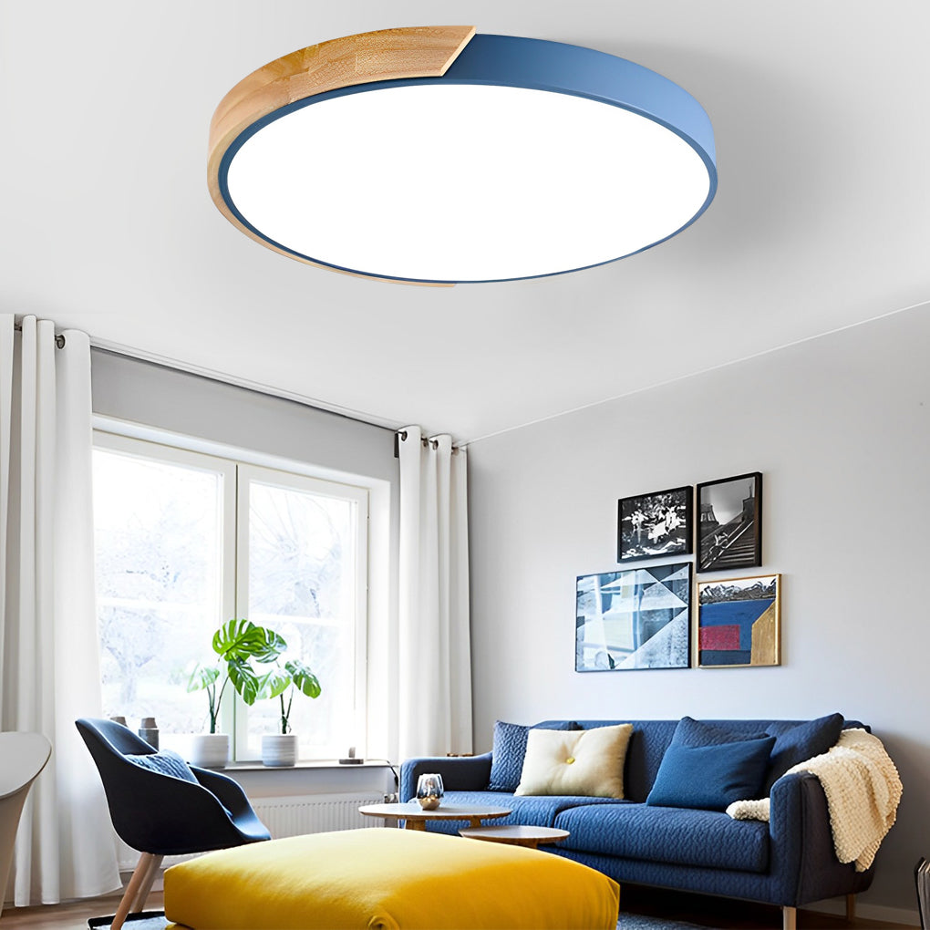 Circular Modern LED Metal Wood Flush Mount Ceiling Light for Living Room