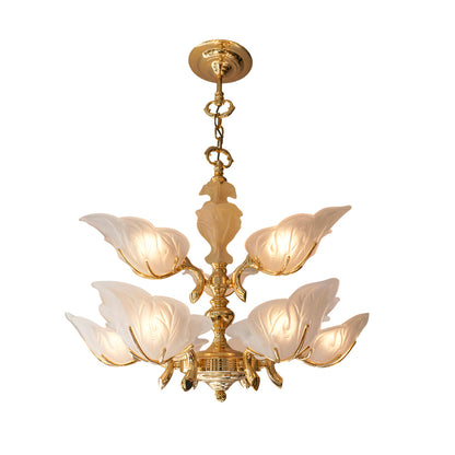 9-Light Italian Chandelier in Brass with Murano Glass Leaves