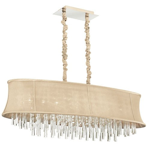 Crystal Eight-Light Polished Chrome and Clear Crystal Oval Pendant w/ Silk Glow Cream Fabric Shade and Chain Cover