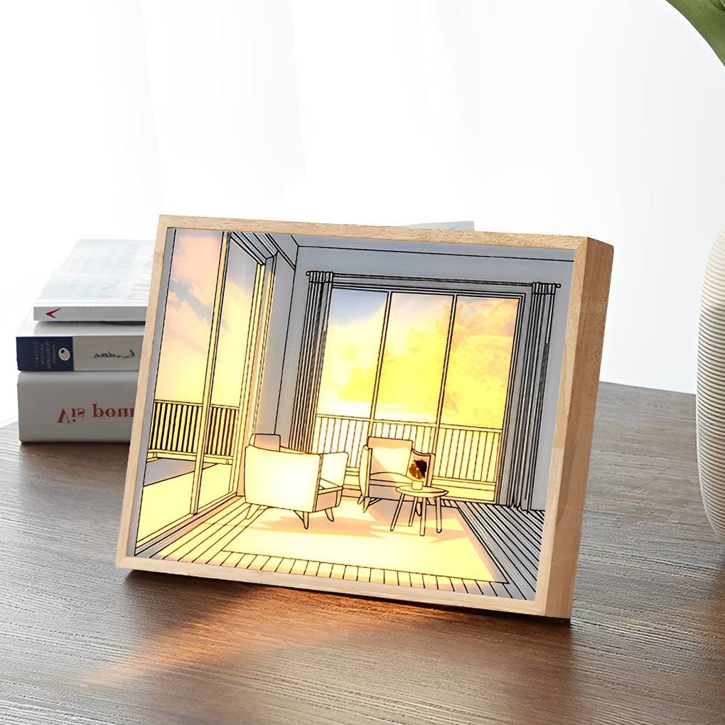 Wood Frame Ins Touch Control Dimmable LED Sunshine Painting Night Light