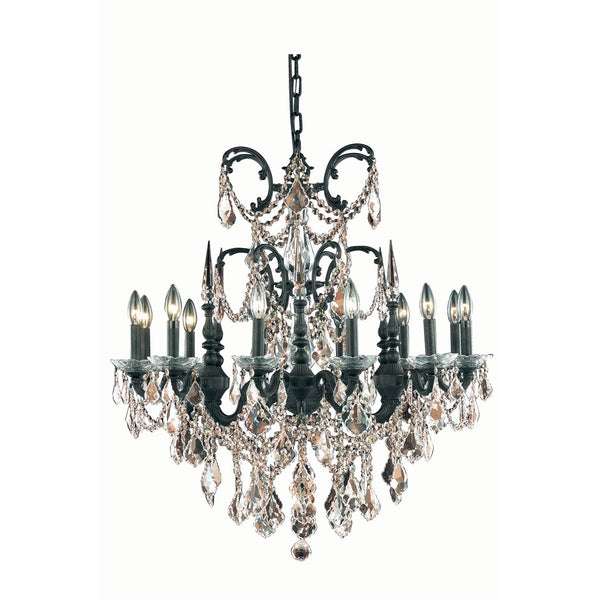 Athena Dark Bronze Twelve-Light Chandelier with Golden Teak/Smoky Royal Cut Crystals