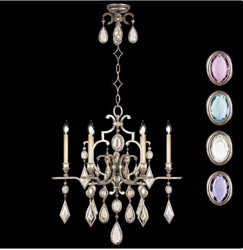 Six-Light Chandelier in Silver Leaf Finish with Multi-Colored Crystal Gems