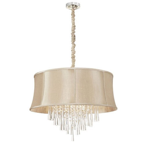 Crystal Eight-Light Polished Chrome and Clear Crystal Pendant w/ Silk Glow Cream Fabric Shade and Chain Cover