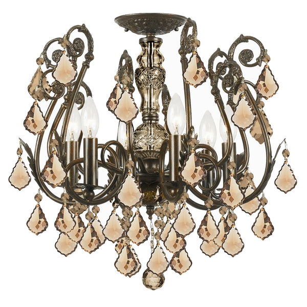 English Bronze Golden Teak Crystal Six-Light Semi-Flush