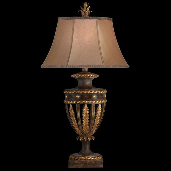 Table Lamp, 1-Light, Antiqued Iron, Gold Leaf, Hand-Sewn Shade with Braided Trim, 38"H (229710ST KHA6)