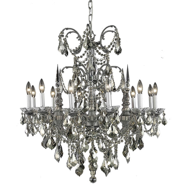 Athena Pewter Twelve-Light Chandelier with Golden Teak/Smoky Royal Cut Crystals