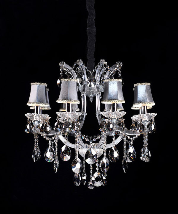 Polished chrome traditional crystal Chandelier dressed with silver lampshades