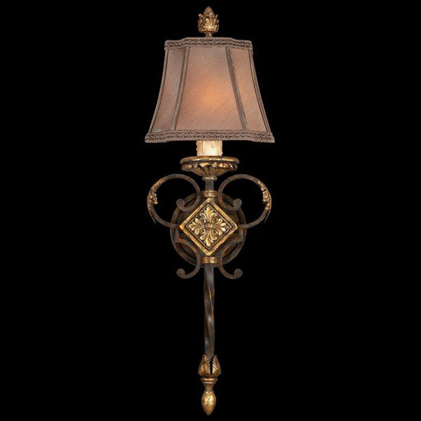 Wall Sconce, 1-Light, Antiqued Iron, Gold Leaf, Hand-Sewn Shade with Braided Trim, 25"H (234450ST 66RE)