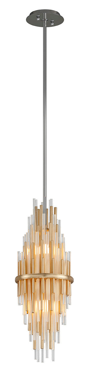 Mini Pendant, 2-Light, LED, Gold Leaf With Polished Stainless Steel, Clear Glass Rods, 8"W (238-41 8ZJP)