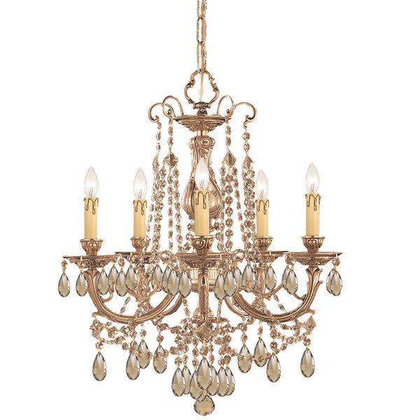 Brass Golden Teak Five-Light Chandelier