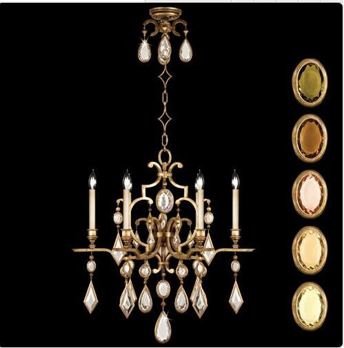 Six-Light Chandelier in Variegated Gold Leaf Finish with Multi-Colored Crystal Gems