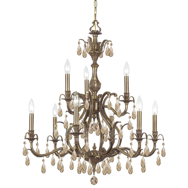 Brass Nine-Light Golden Teak Hand Cut Chandelier