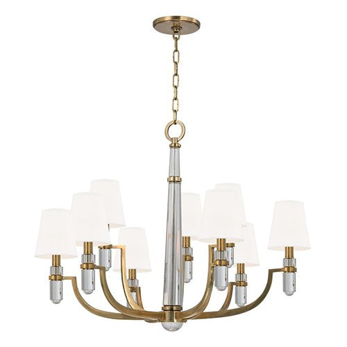 Brass Nine-Light Chandelier with White Faux Silk Shade