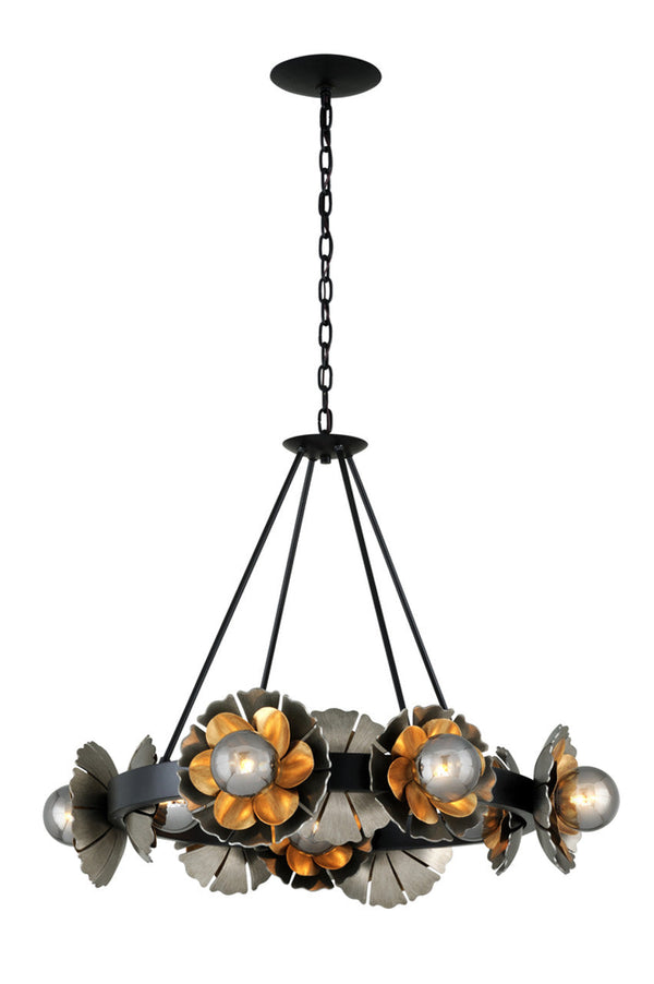 Garden Chandelier, 10-Light, Black Graphite Bronze Leaf, Smoke Shade, 34"W (278-010 90J8)