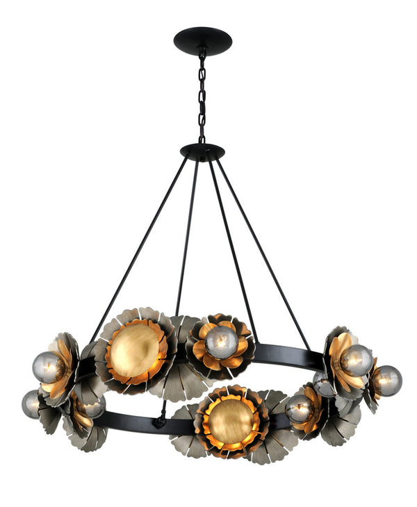 Garden Chandelier, 16-Light, Black Graphite Bronze Leaf, Smoke Shade, 46.5"W (278-016 90J9)