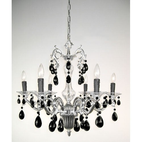 Via Firenze Silver Plate Six-Light Chandelier with Black Crystal Accents