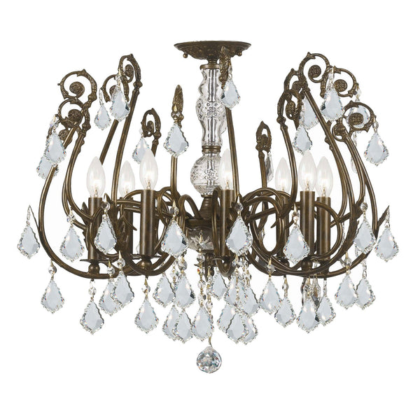 English Bronze Eight-Light Crystal Semi-Flush