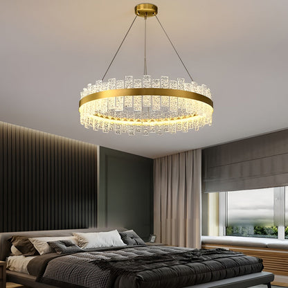 Round Dimming LED Glass Modern Crystal Chandelier Hanging Lamp Pendant Light