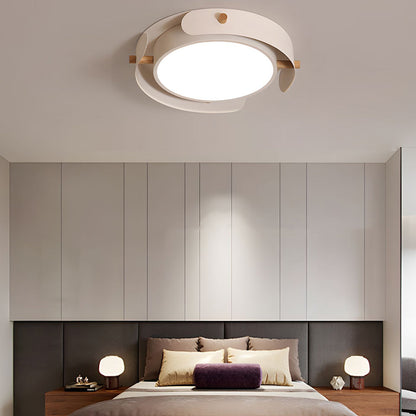 Round Nordic White Metallic Wood Drum Flush Mount Ceiling Light