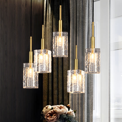 Crystal Cube Brass Pendant Light, 1-Light Copper Rod Kitchen Island Lighting