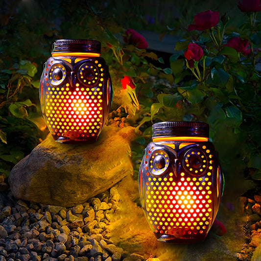 2-Pack Solar Lanterns Flickering Flame Metallic Owl Stake Solar Lights Garden Landscape Lights for Outdoor Decor