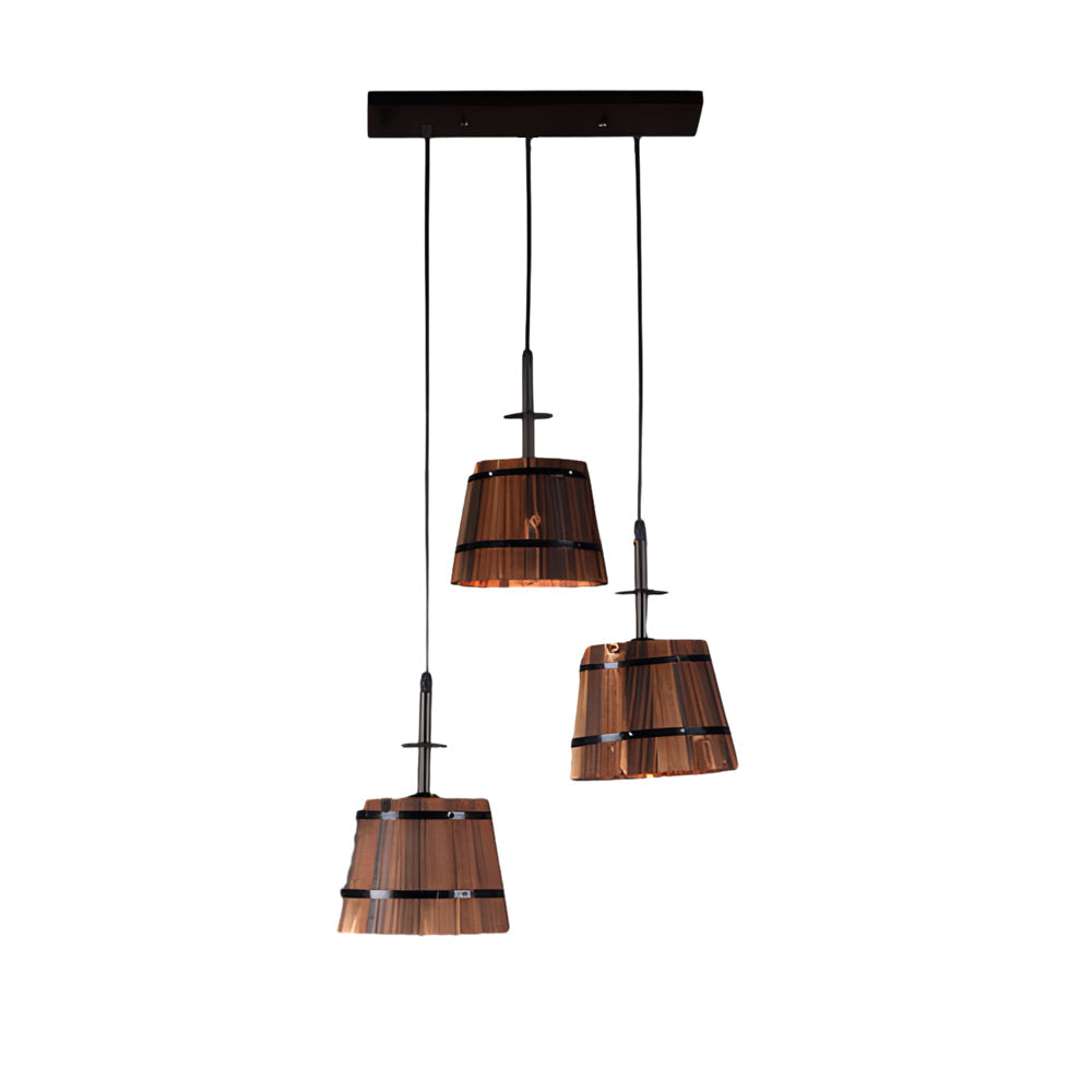 1/3-Light Rustic Wood Bucket Shade Pendant Lighting for Cafe Bar