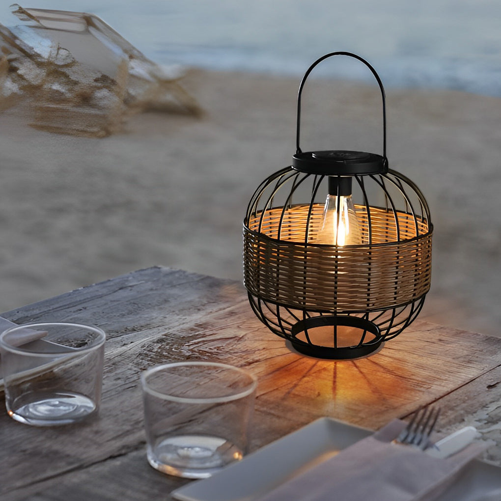 Rattan Decor Cage Shape Waterproof Intelligent Outdoor Solar Lanterns