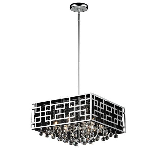 Six-Light Chrome Pendant with Black String Shade and Strung Crystals